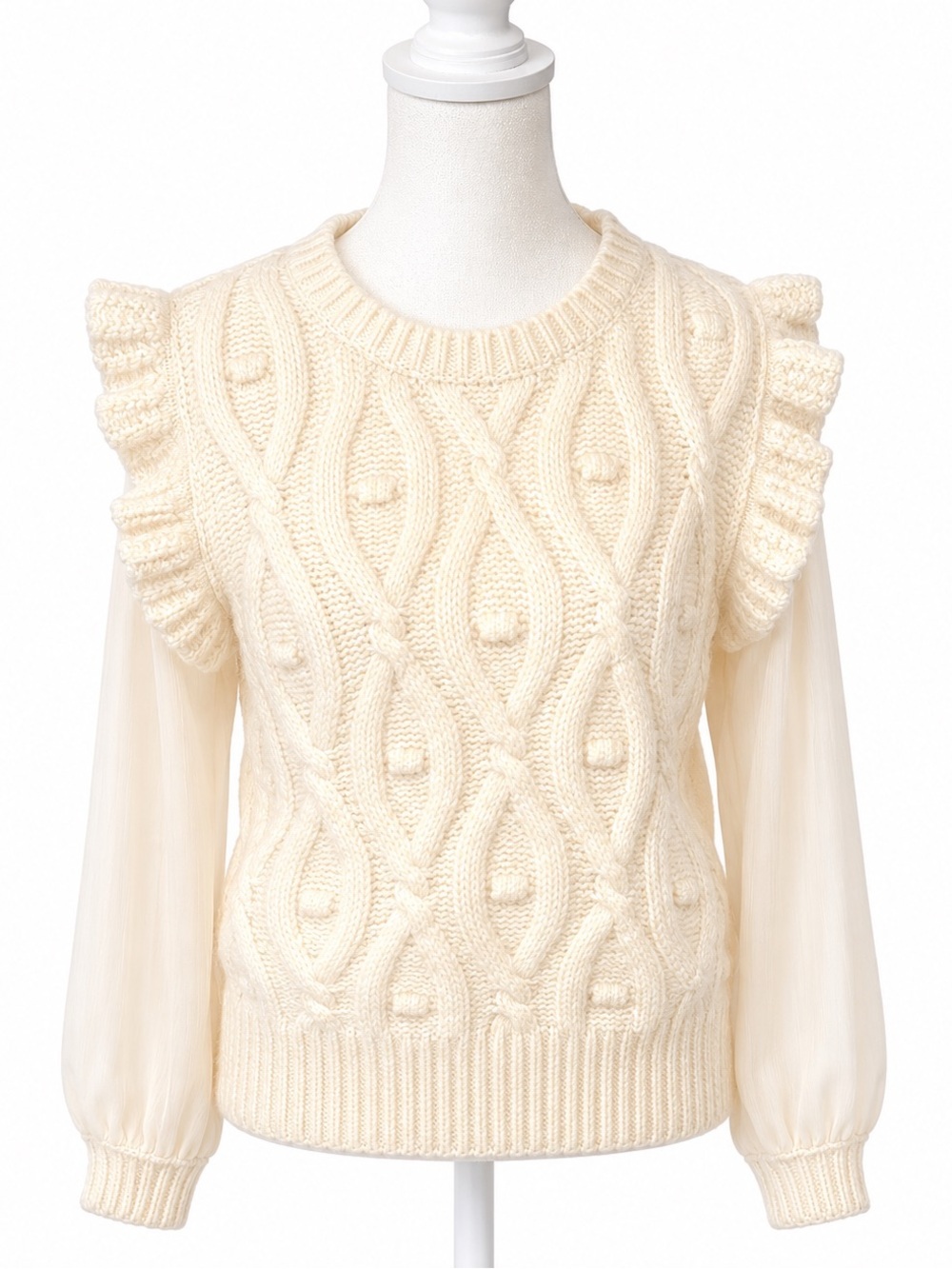 Vestique Cream Cable Knit Sweater with Sheer Sleeves – Size Large